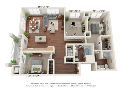 Floor plan for 3 beds, 2 baths, 1430 sqft